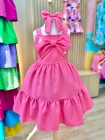 Vestido Rosa Linho Bordado com Laço