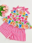 Conjunto Flores Listras Rosa