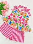 Conjunto Flores Listras Rosa