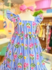 Vestido Listras Flores Azul