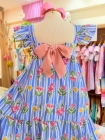 Vestido Listras Flores Azul
