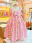 Vestido Listras Flores Rosa